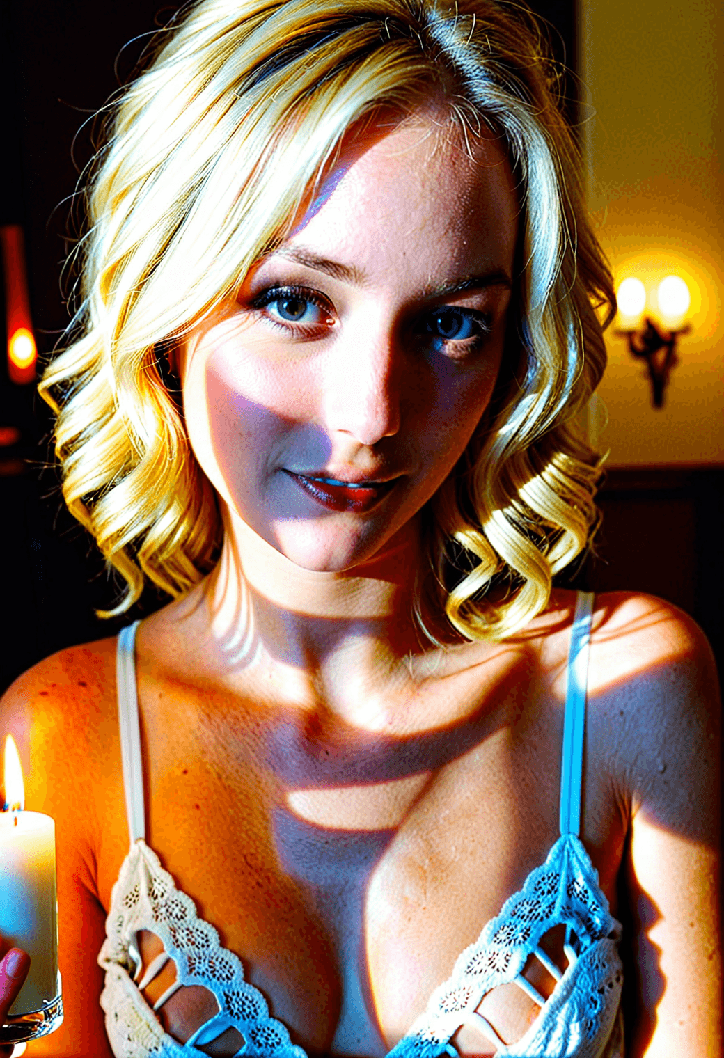 AI generated: (night, candlelit scene lighting, deep shadows:1.2) BREAK iphone photo woman with beautiful blonde h...