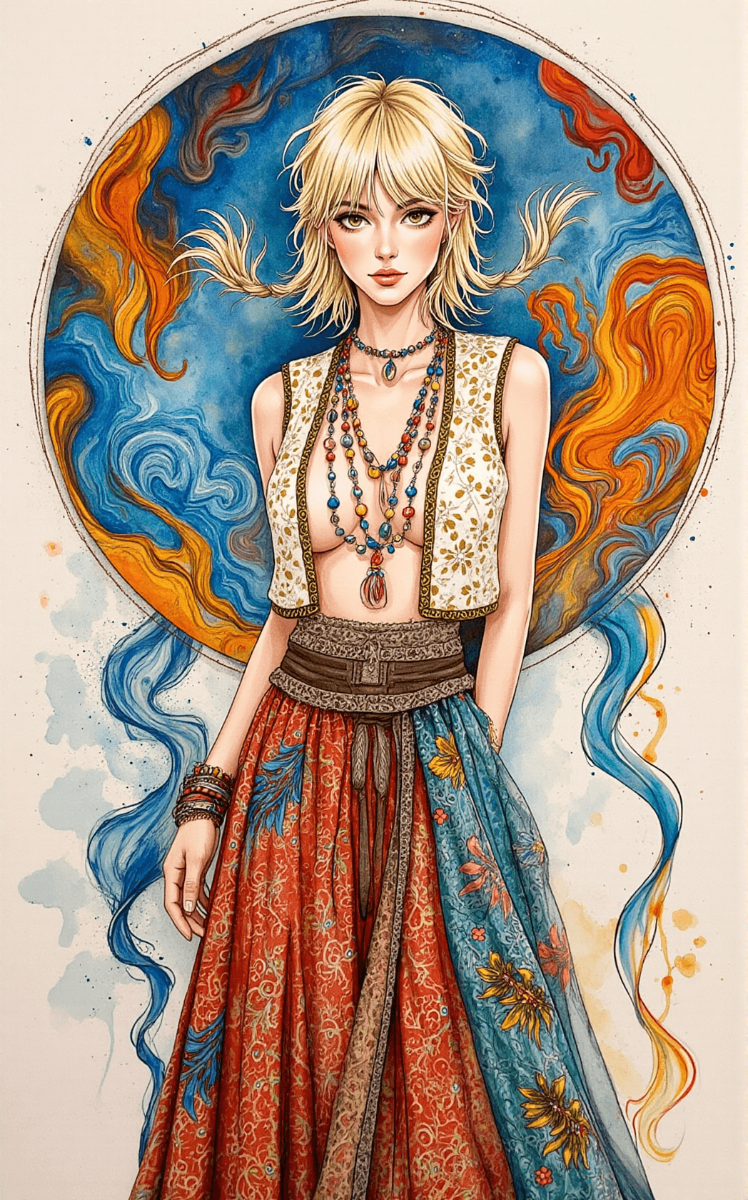 AI generated: A stunning watercolor portrait captures a bohemian woman with a playful pixie cut styled in soft, to...