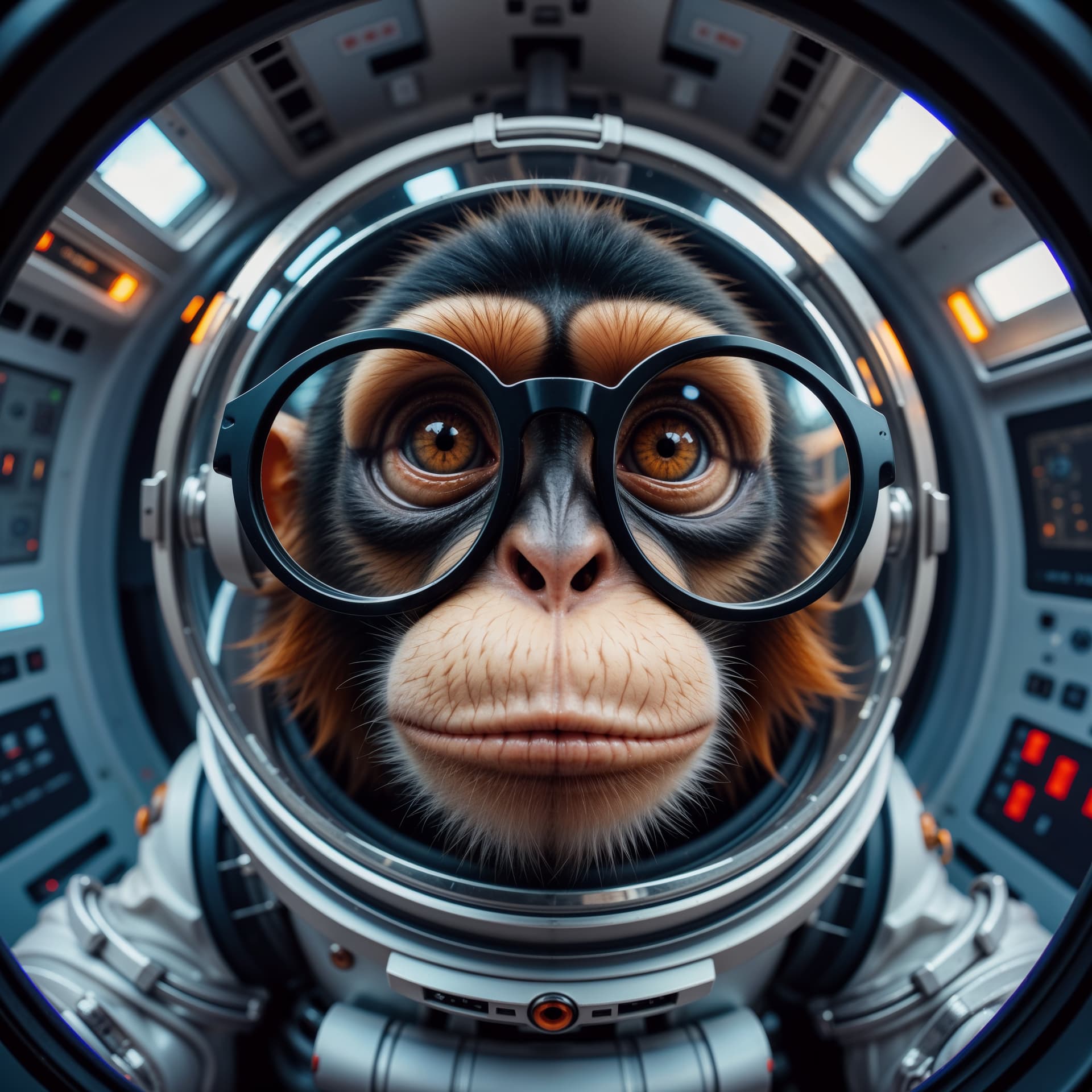 AI generated: a slightly fish-eye lens effect. extreme close-up of a monkey looking into the camera of a spaceship...