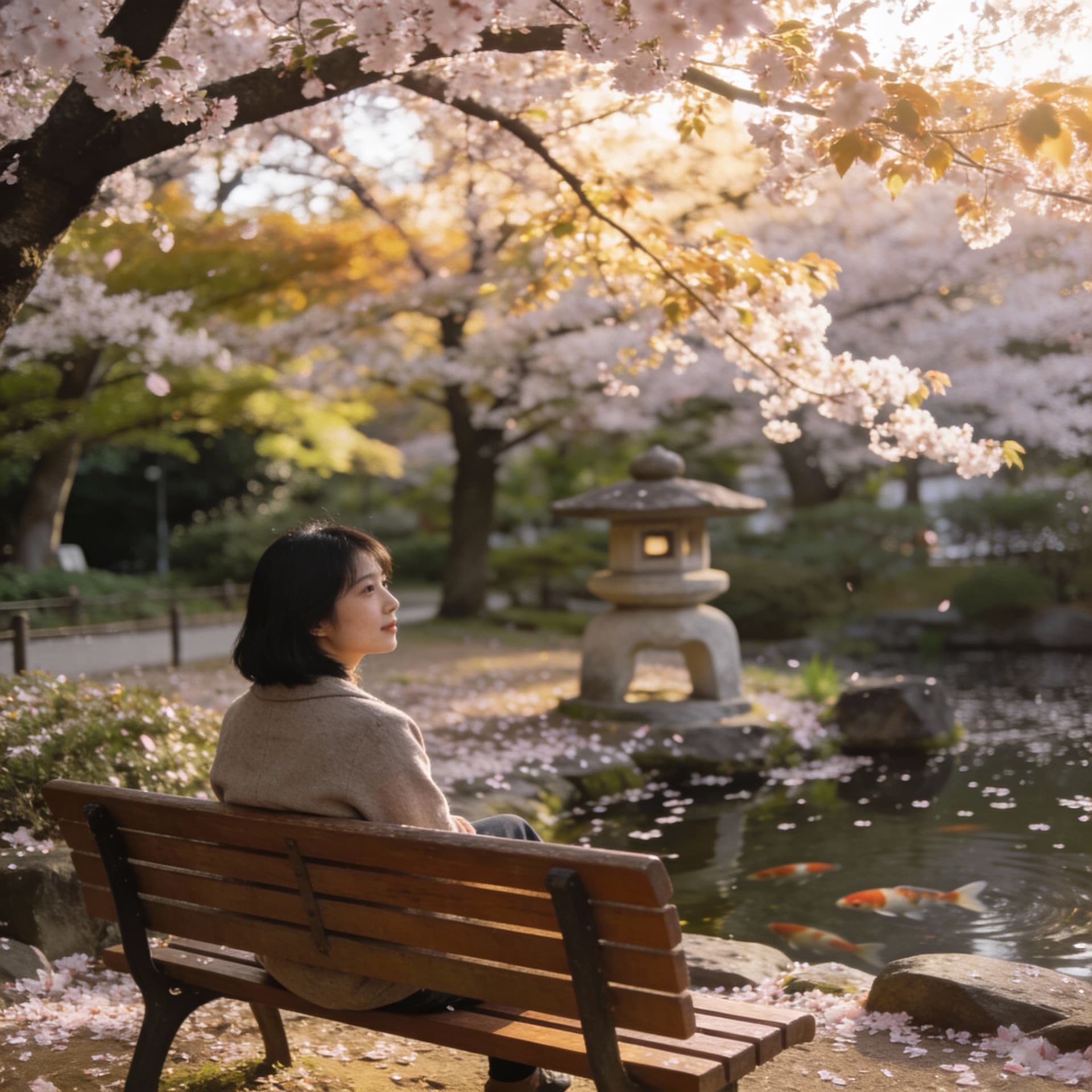AI generated: she sit down in a bench in a tokyo park