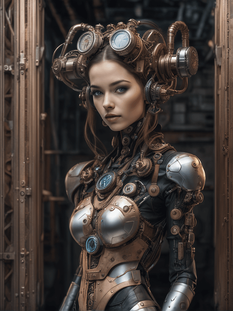 AI generated: top model, full-length portrait, detailed face, symmetric, steampunk, cyberpunk, cyborg, intricate