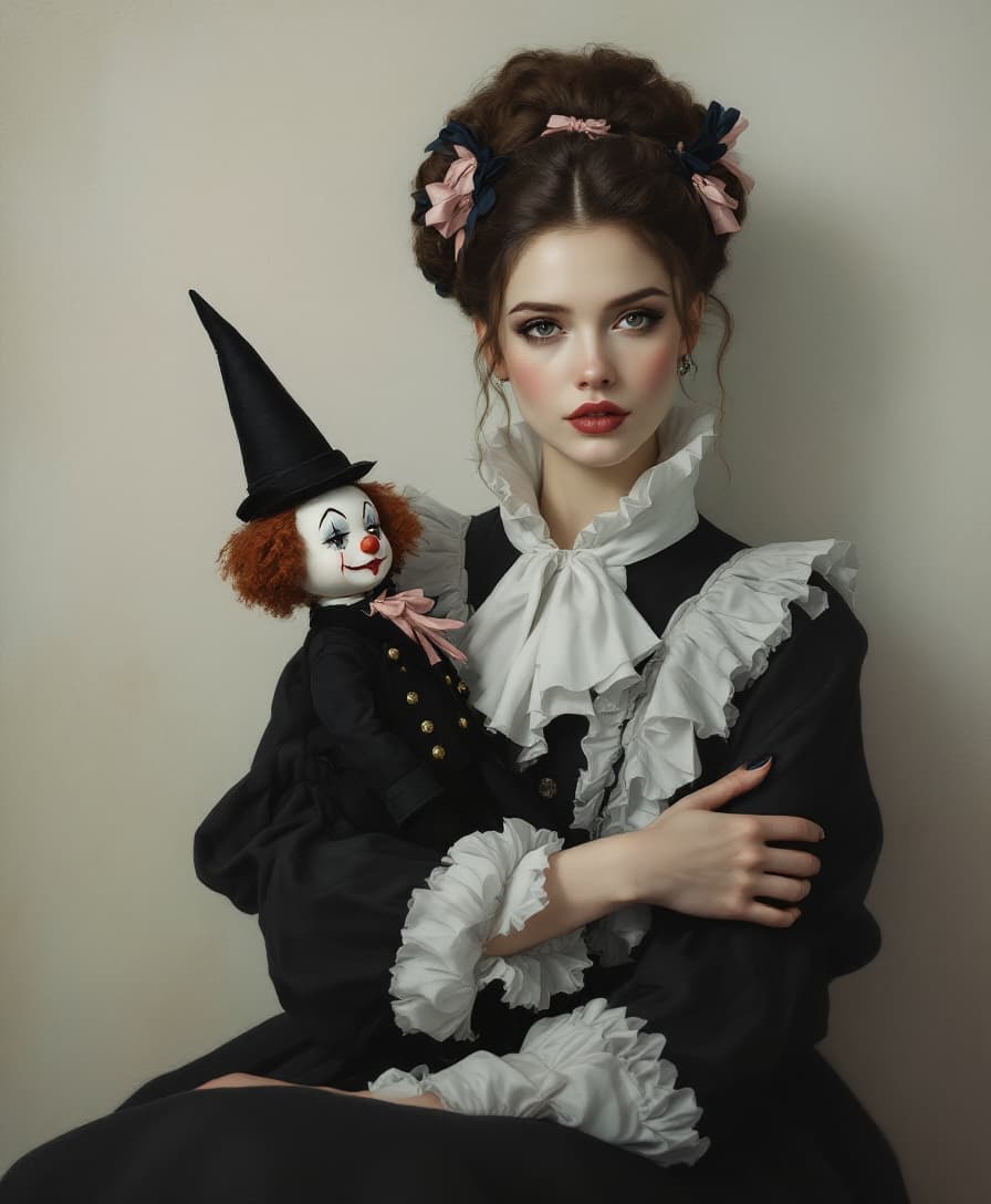 AI generated: 
"A woman sitting in a minimalist setting, inspired by Nick Alm's style, wearing an elegant black ...