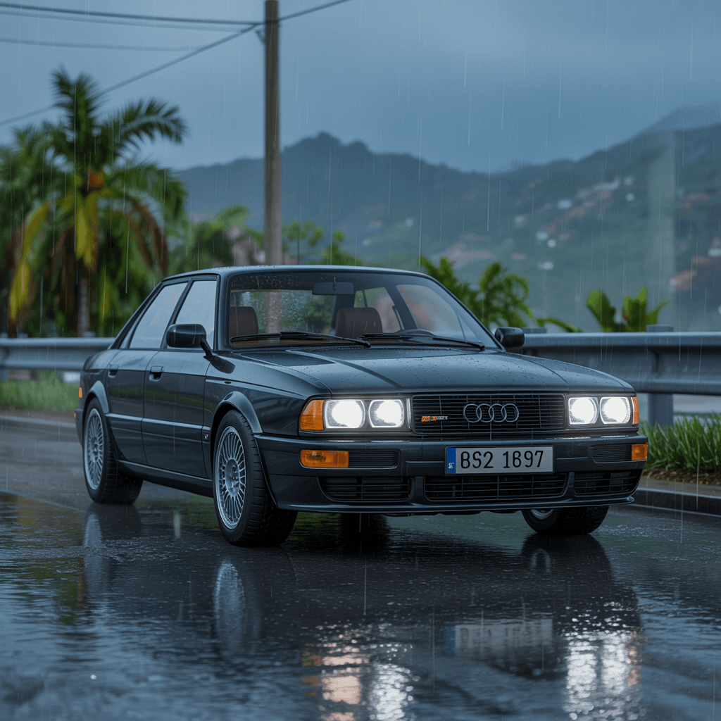 AI generated: A realistic illustration of a Black Audi model RS2 1995 in Joinville, Brazil. Noon time and Rainy we...