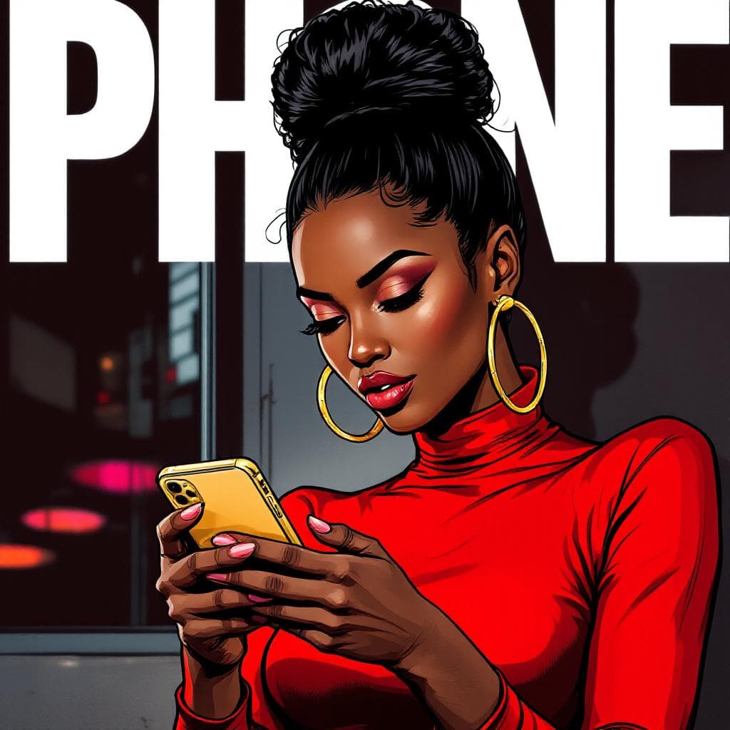 AI generated: Cartoon illustration, comic book cover featuring a gorgeous Afro-American woman, high bun dark hair,...