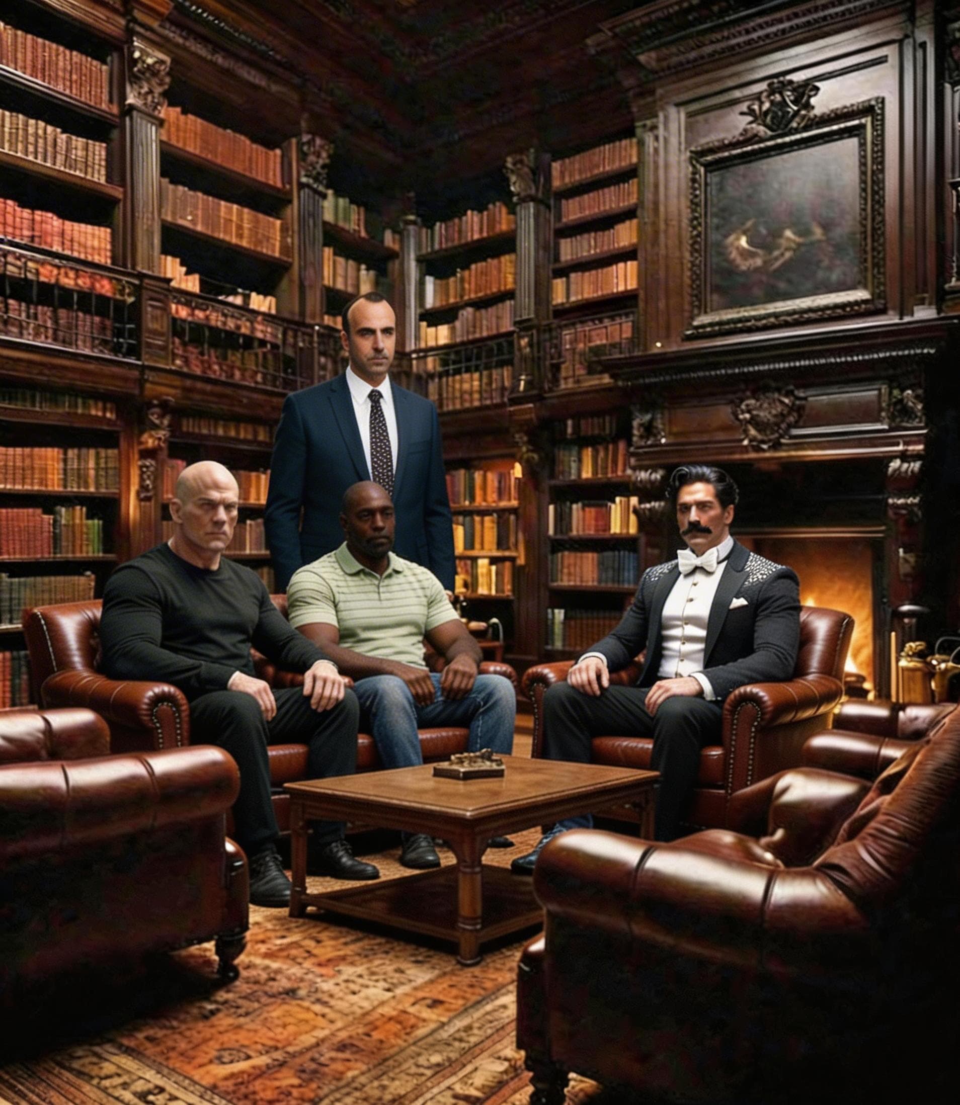 AI generated: Stand the character from reference image 2 in the background at the bookshelf of reference image 1 w...