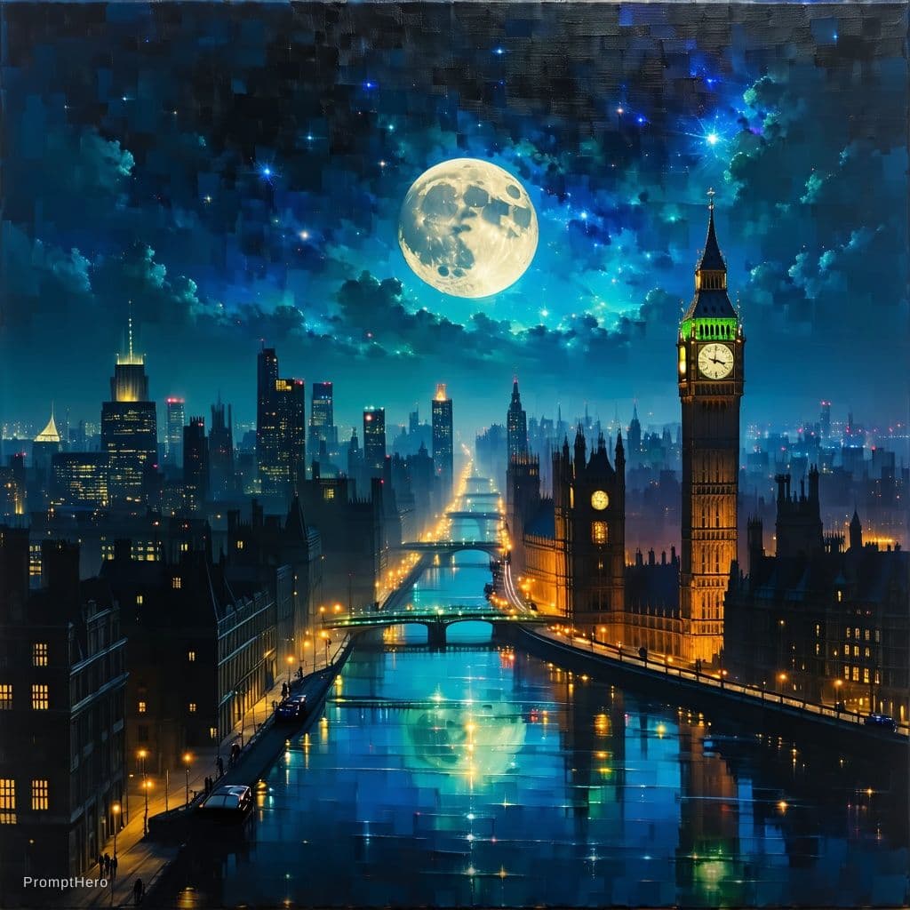 AI generated:  Incredible ultra detailed cityscape of future at moonlit night, in the style of classic oil paintin...
