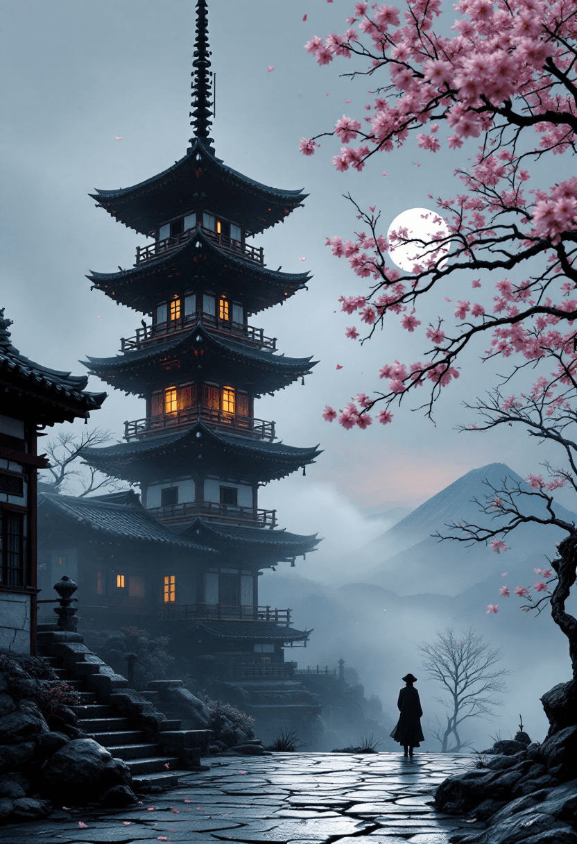 AI generated: A tall, full traditional Japanese pagoda tower, off-center right, rising from cracked ceramic tiles....