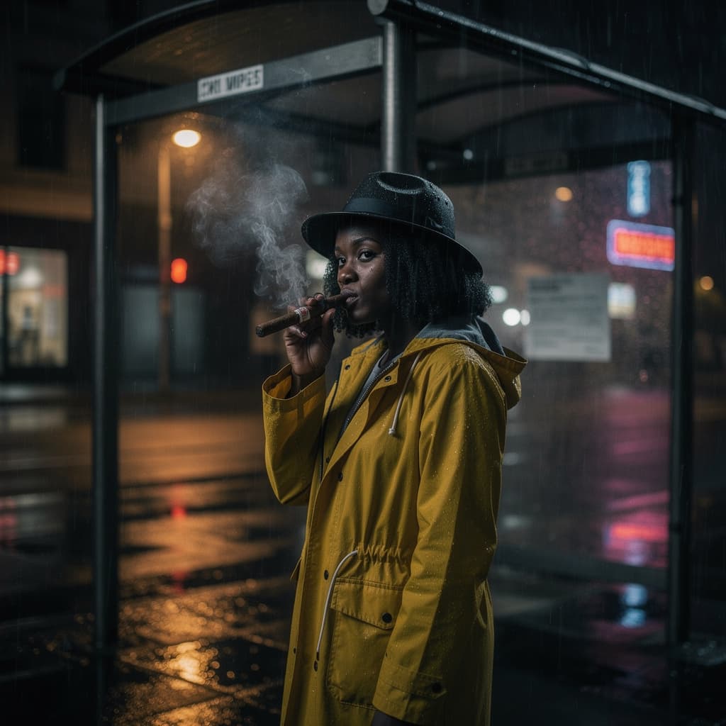 AI generated: African girl, raincoat, black hair, rain, night city, bus stop, smoking a cigar, cigarette smoke, wa...