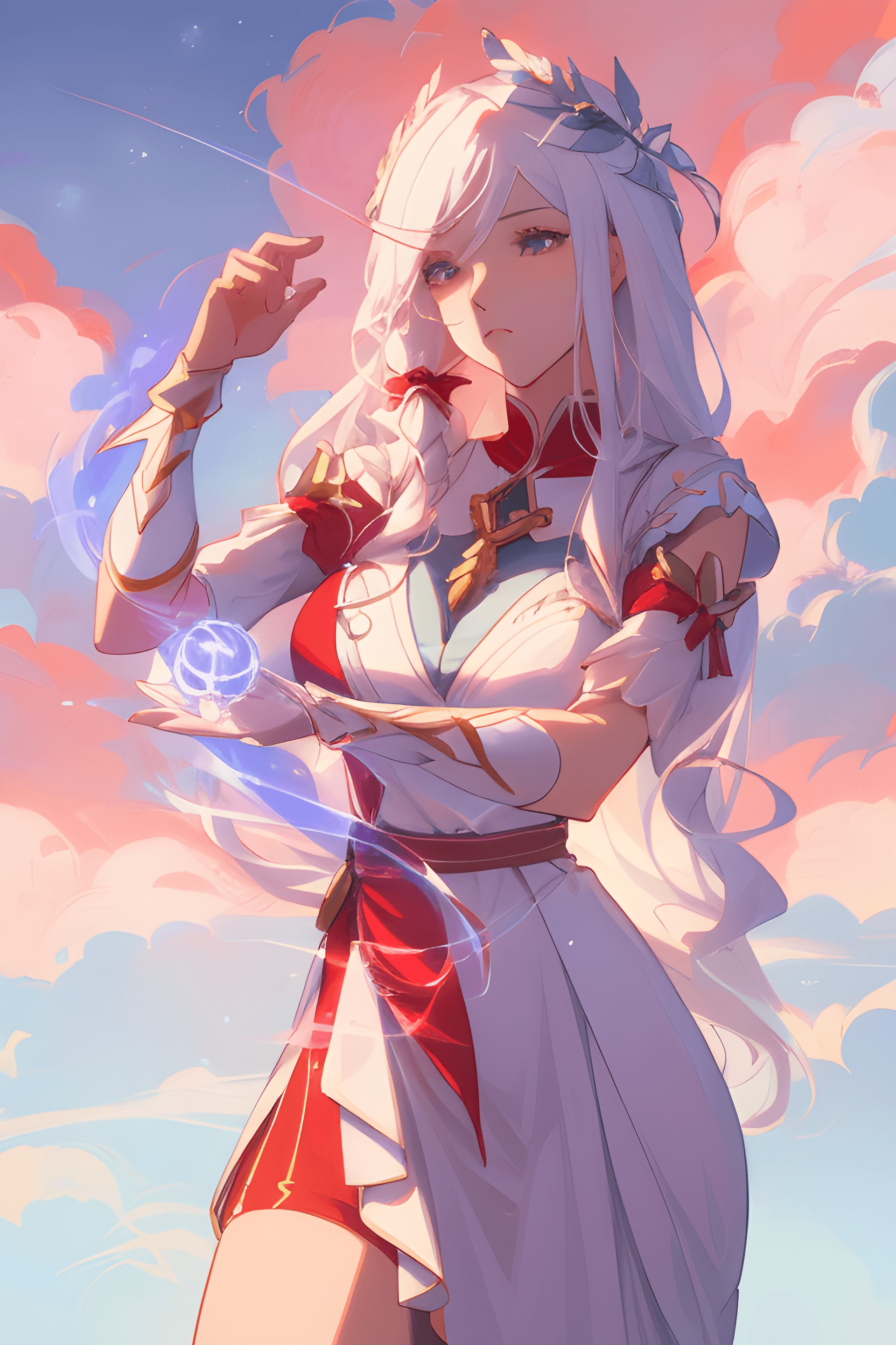 AI generated: a woman with long white hair wearing a red and white dress, the magic flow around her, an anime draw...