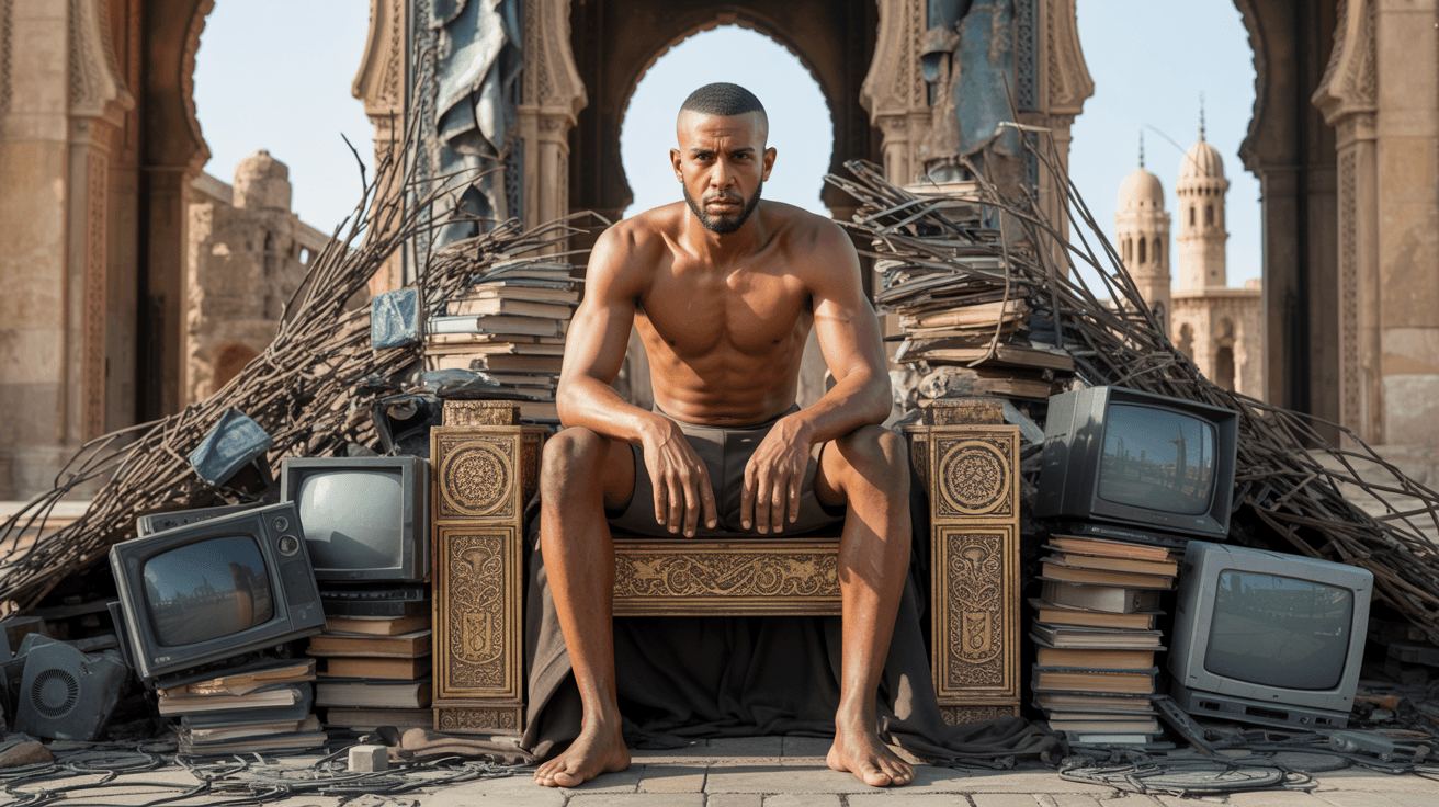 AI generated: Ultra-realistic cinematic concept art, full-body wide shot of a Moroccan man in his late 20s seated ...