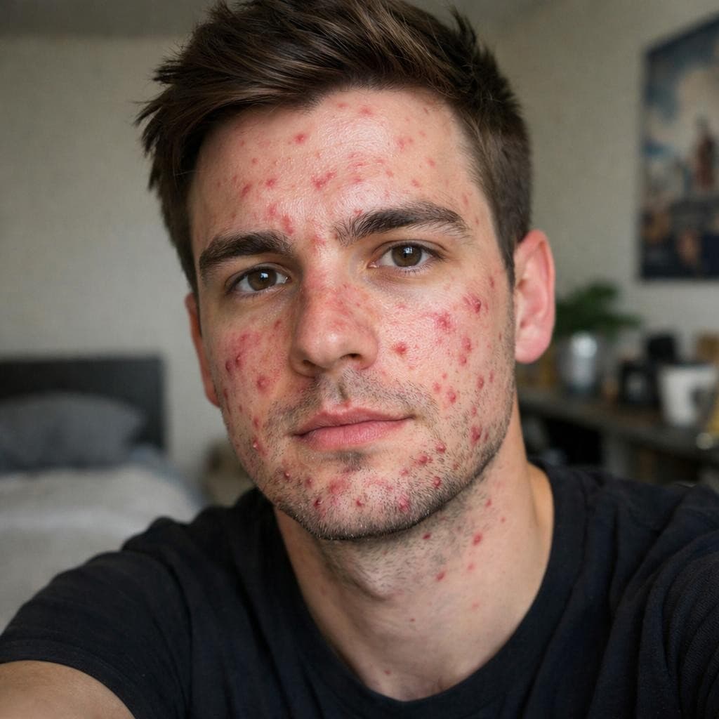 AI generated: a man with acne, selfie