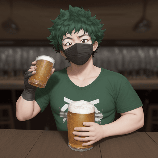 AI generated: horikoshi kouhei, 1boy, beer_belly, drinking_beer, obese, midoriya izuku, boku no hero academia, cur...