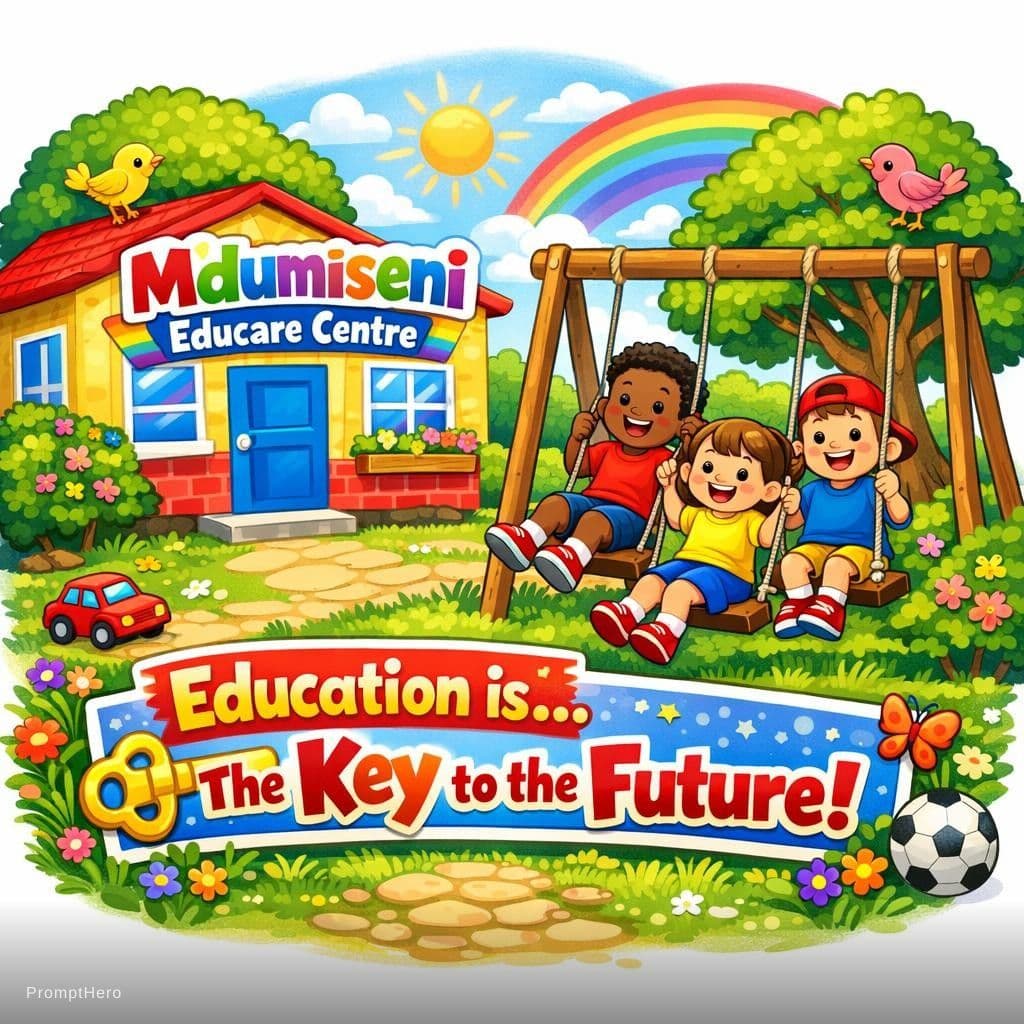 AI generated: Make a for mdumiseni educare centre education is. The key to the future with pre school cartoon kids...