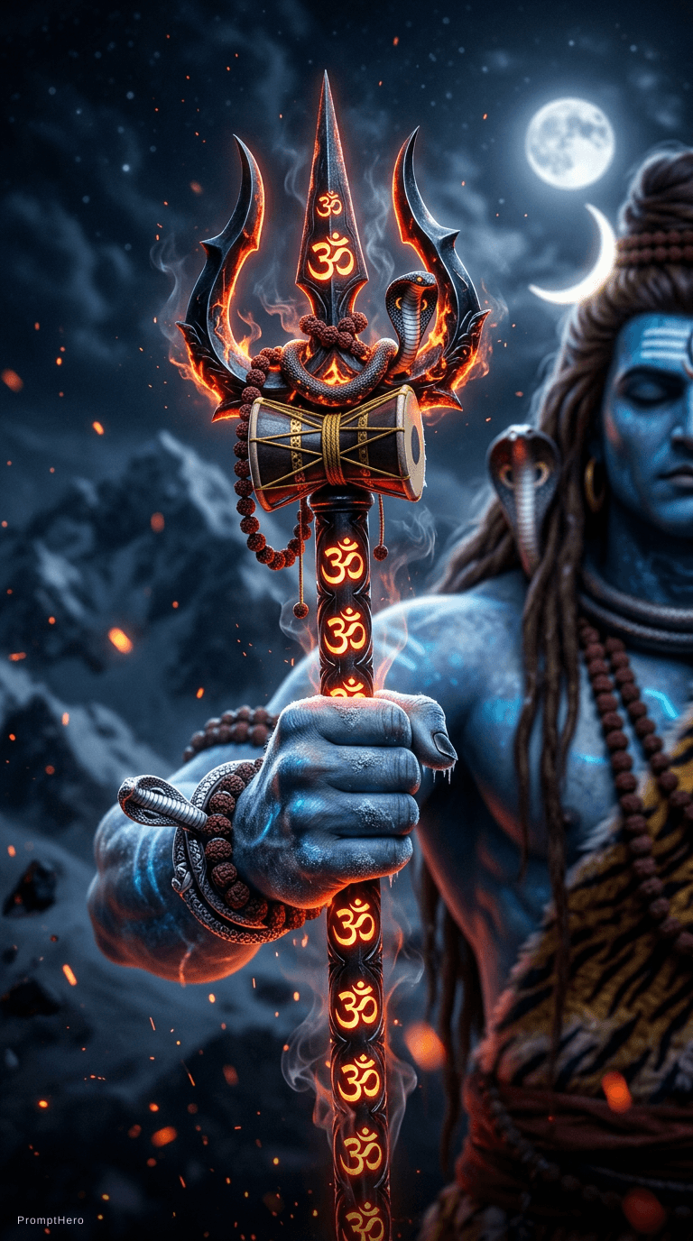 AI generated: A divine cinematic close-up of Lord Shiva’s powerful hand gripping a trident, shown in a dramatic lo...