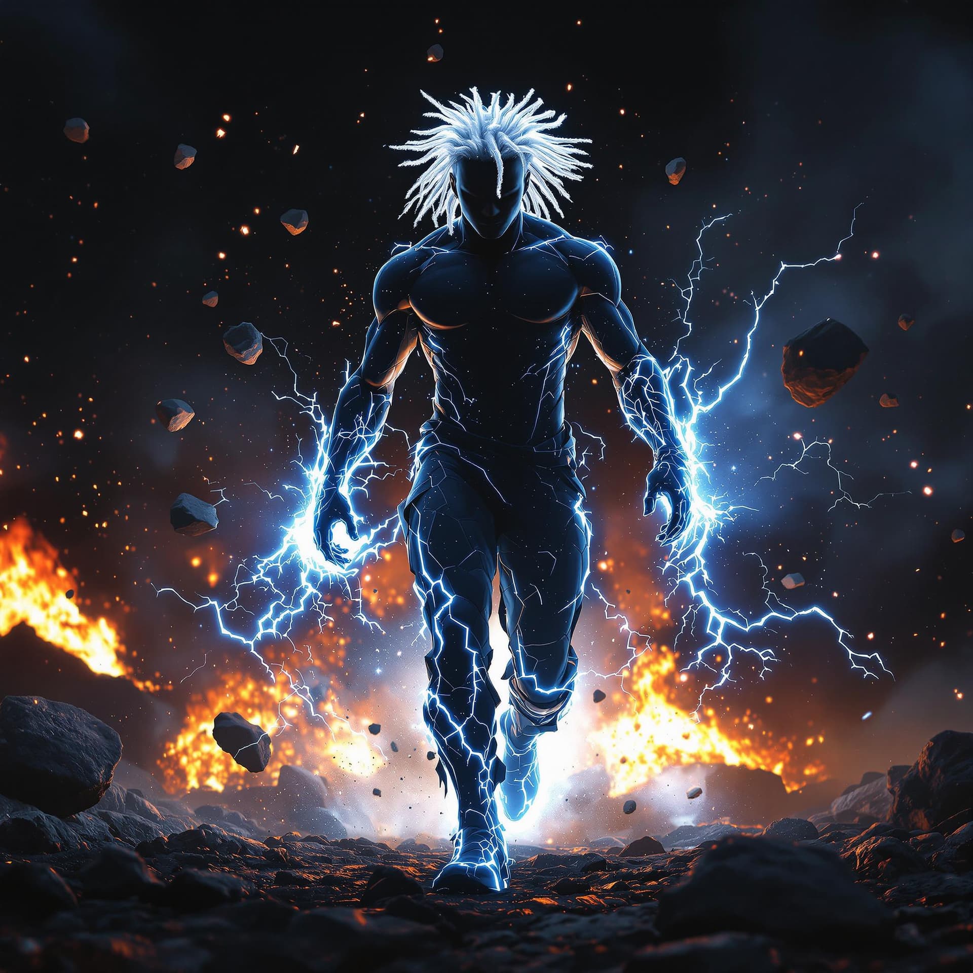AI generated: front view of a PHOTOrealistic african american superHERO with white glowing short dreadlocks, his b...