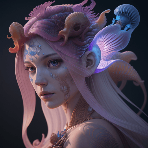 AI generated: Goddess close-up portrait ribcagel. jellyfish phoenix head, nautilus, orchid, skull, betta fish, bio...