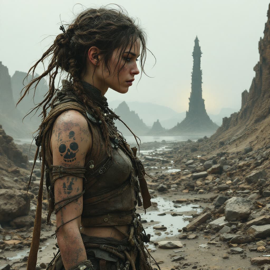 AI generated: A resilient wasteland explorer, her skin weathered by time and travel, with hair braided with found ...