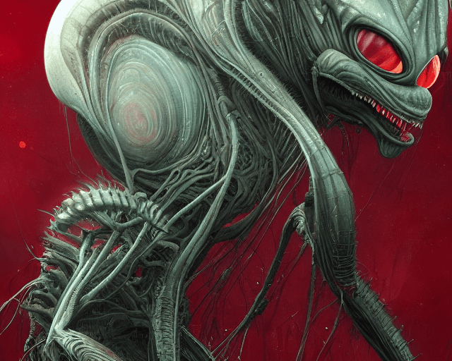 AI generated: alien creature, red, eyes growing on creature, spindly ; high detailed artwork by ilya kuvshinov ; s...