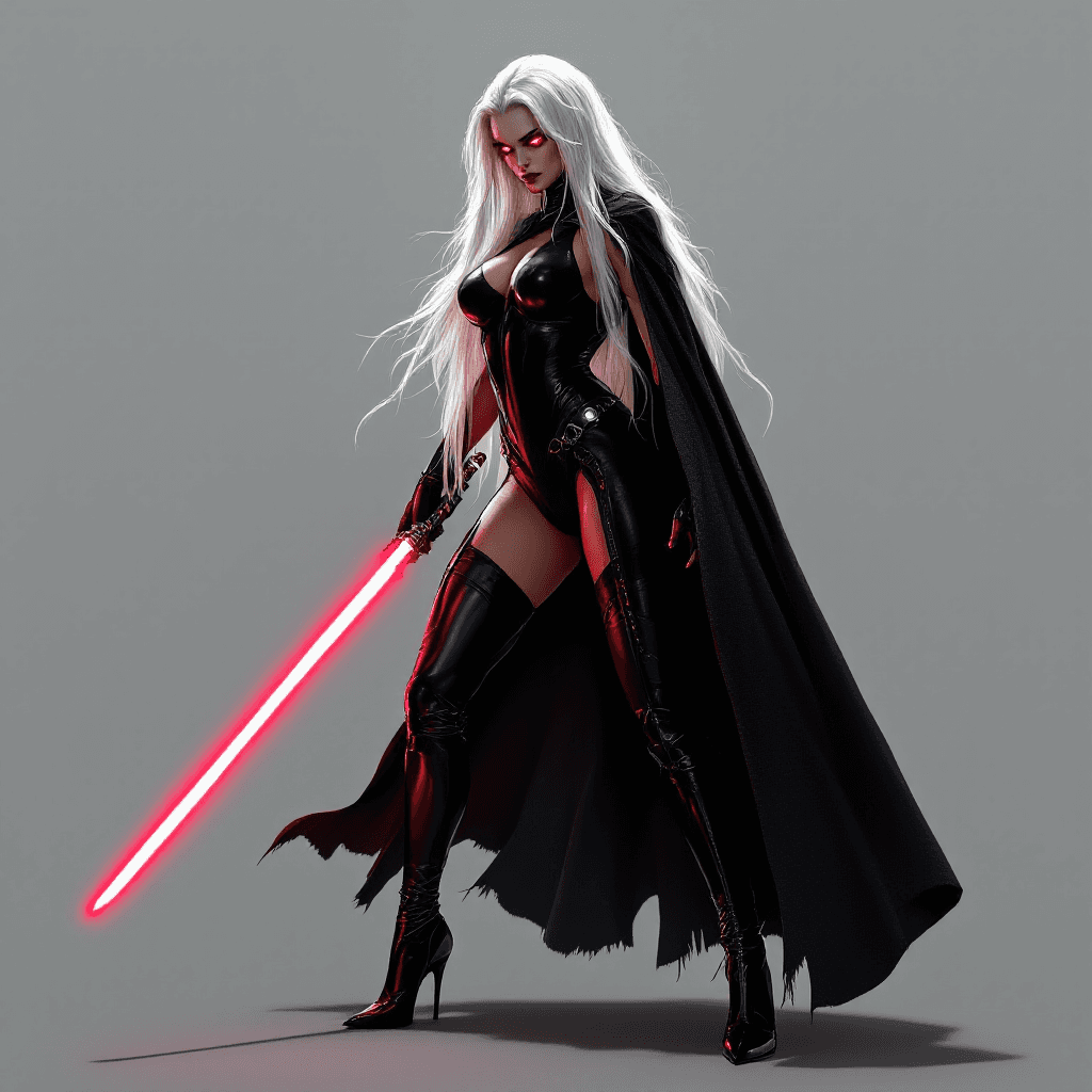 AI generated: Woman, tall, voluptuous, long white hair, Sith lord, cinematic, photo realistic, one piece black leo...