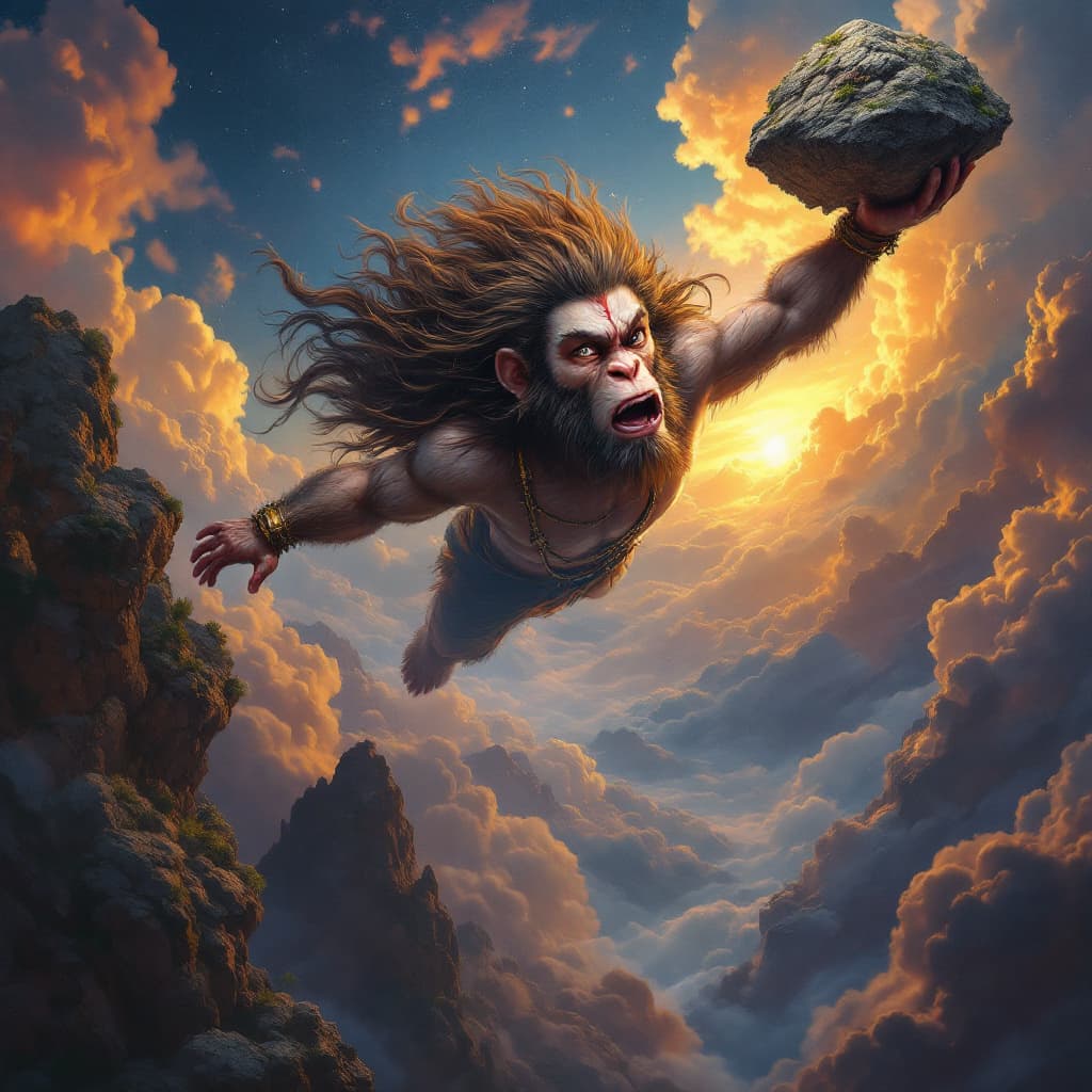 AI generated: Lord Hanuman, the hindu monkey god, flying in the sky carrying a mountain in his left hand, face wit...