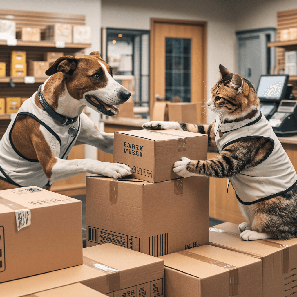 AI generated: A lifelike scene of a dog and a cat working together as employees in a retail store as they handle a...