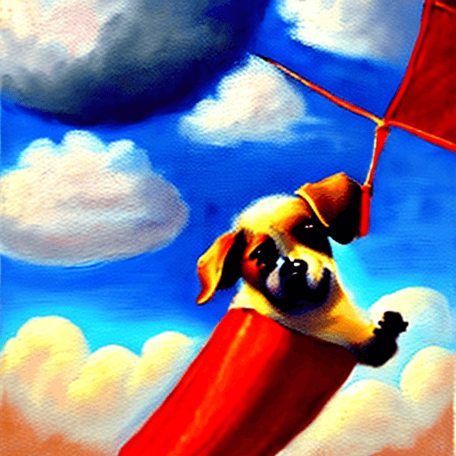 AI generated: Falling happy dog attached to a red parachute amidst sunny clouds.
Style: oil painting