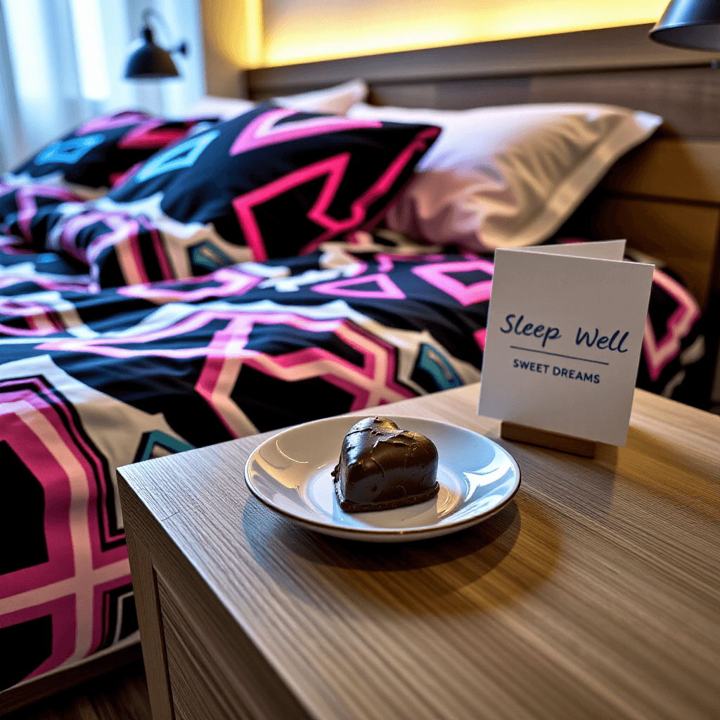 AI generated: A close-up of a small bedtime treatâ a chocolate heart on a small plate âplaced on a rustic ligh...
