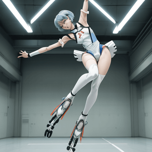 AI generated: Photo of Rei Ayanami, the iconic character from Neon Genesis Evangelion, gracefully executing a mid-...