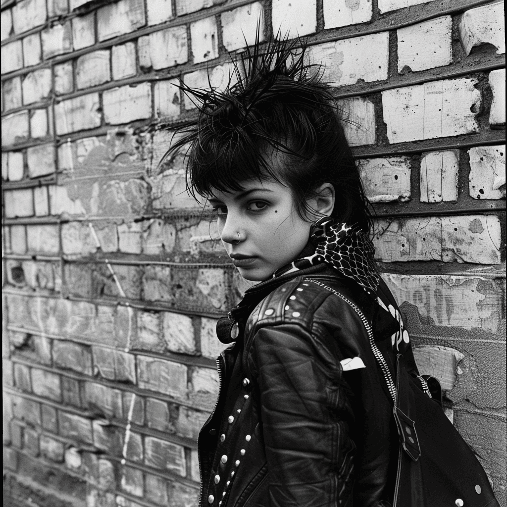 AI generated: British Punk Scene Girl 1977, London --style raw --stylize 50
