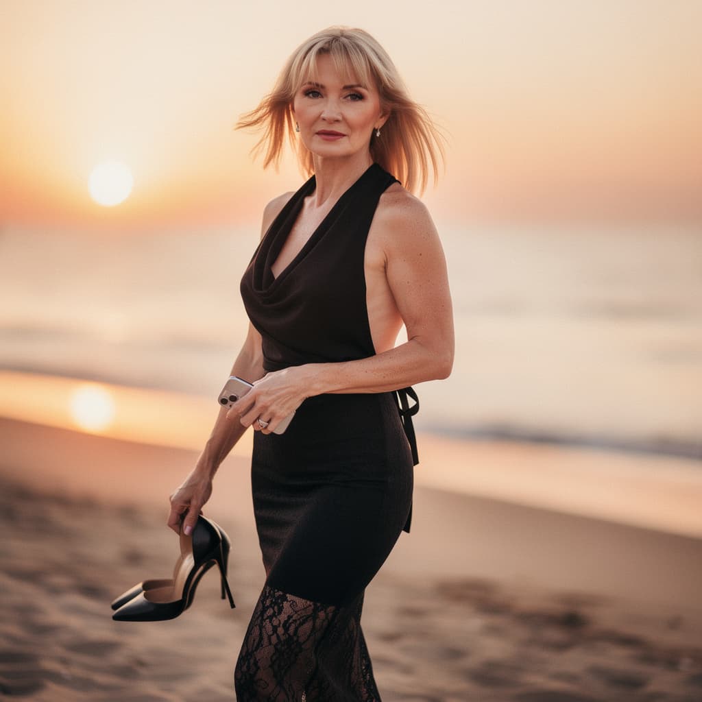 AI generated: Slavic Hot 47 year old Hot mom she Has tall Thick thighs posing while walking in a Beach during suns...