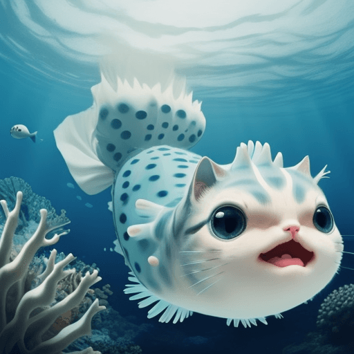 AI generated: Puffy the pufferfish cat, the protector of the oceans and its creatures
