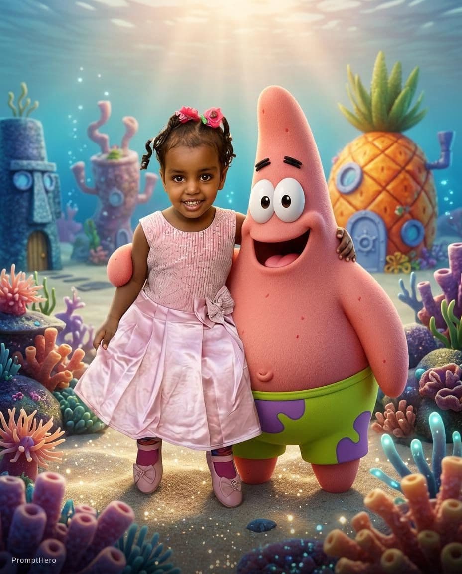 AI generated: Create a high-quality commemorative portrait of a real child (from Image A)
standing closely beside ...