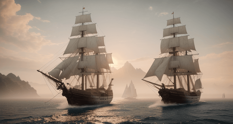 AI generated: Photo of a ultra realistic sailing ship, dramatic light, pale sunrise, cinematic lighting, battered,...