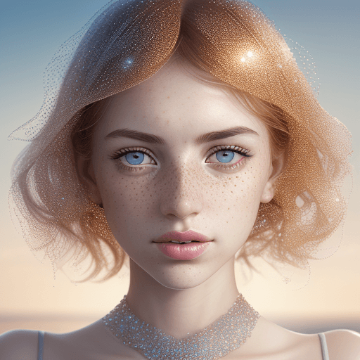 AI generated: a woman with freckled skin is photographing her face, in the style of dmitry kustanovich, delicate m...
