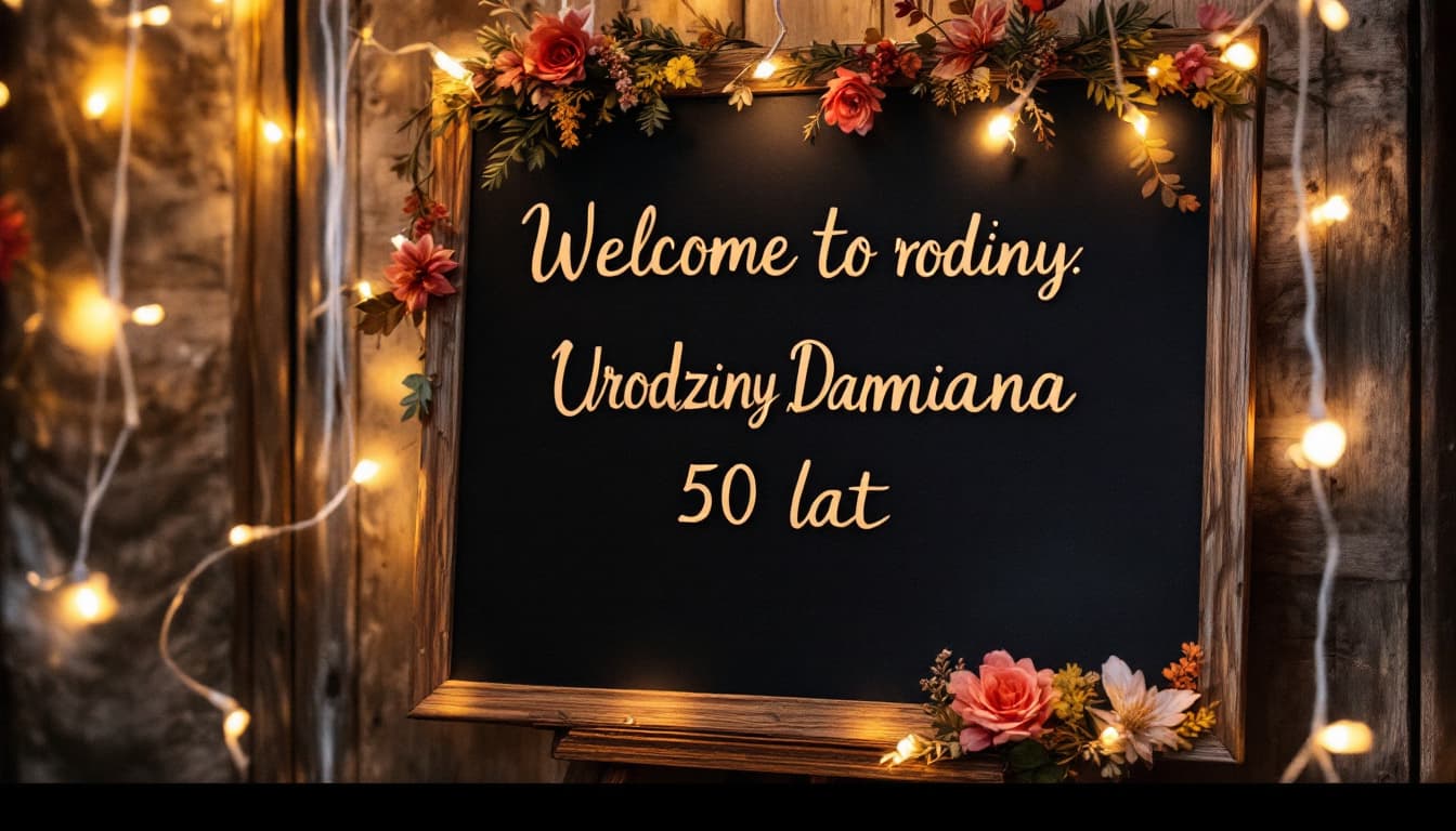 AI generated: welcome board for a birthday party 50 years, Text on the screen  "Urodziny Damiana 50 lat" 