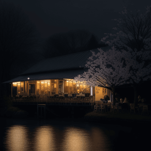 AI generated: White coffee shop Dimly lit by the river White shop There is a tree In the spring