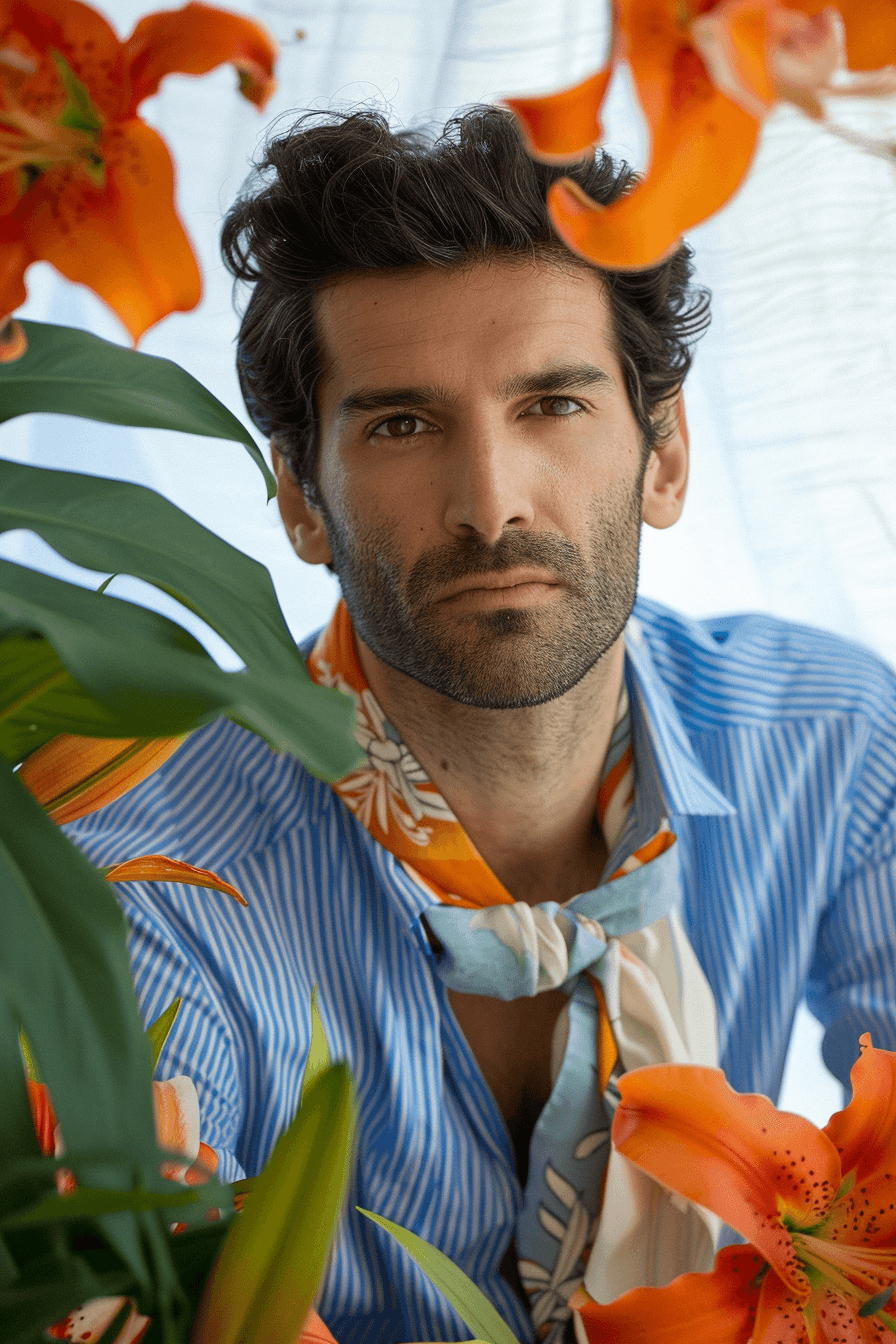 AI generated: Close-up portrait of a charismatic Italian fashion icon, exuding confident nonchalance. He wears a t...