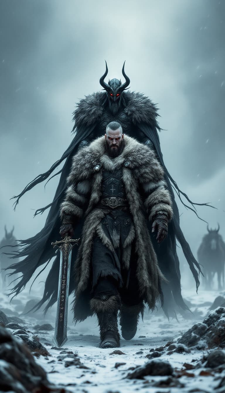 AI generated: An ultra-realistic, zoomed out, front facing full-body portrait of a towering Berserker, his fur-lin...