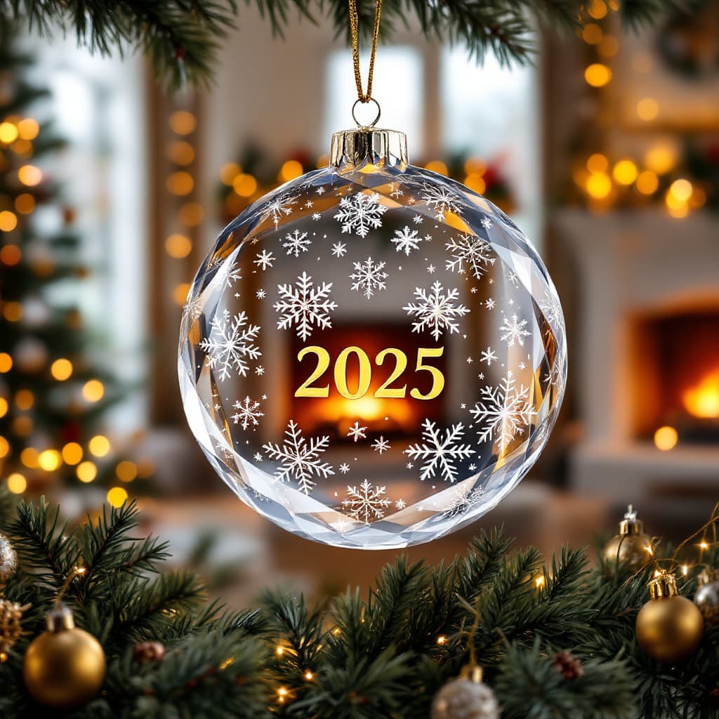 AI generated:  crystal ornament with beautiful snowflakes and the name "2025" engraved in gold. The shelf is fille...