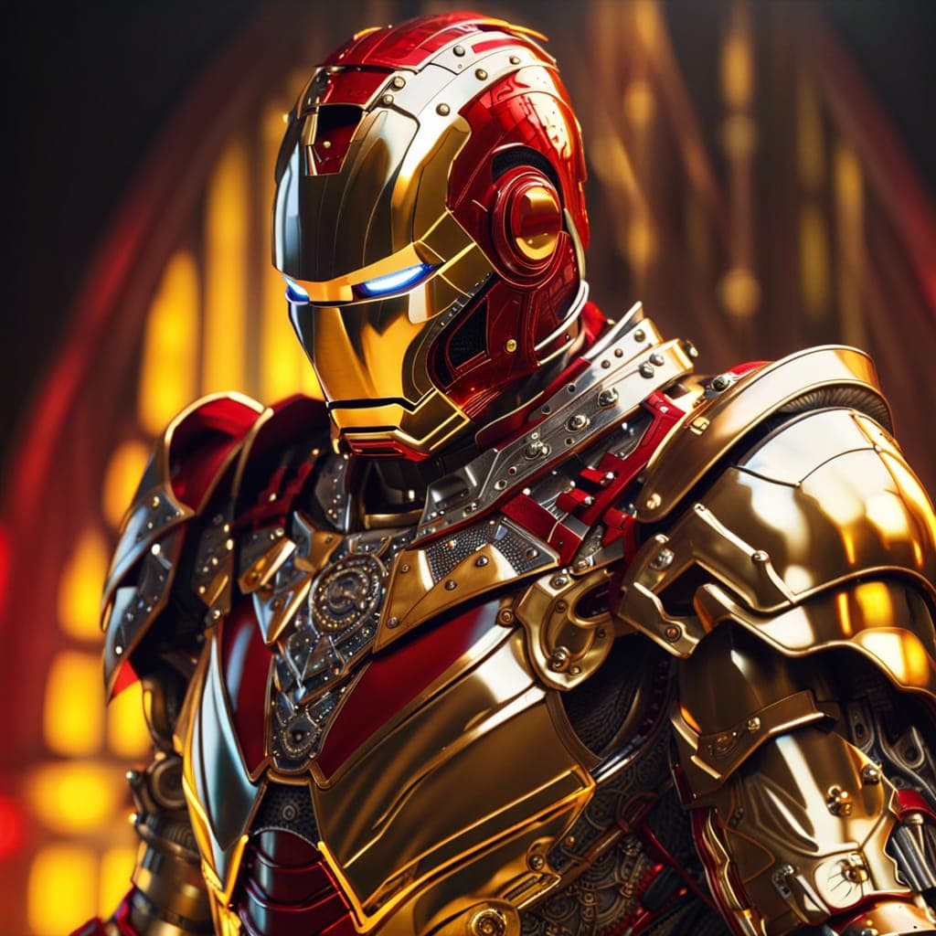 AI generated: Portrait of a mix between Iron Man and Medieval Knight, very man, luxurious golden armor with chrome...