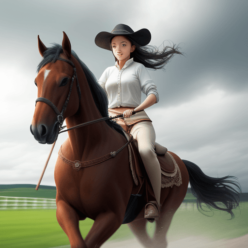 AI generated: A beautiful girl riding hourse taking an stick in her hand with cloudy background.  2 horses are cha...