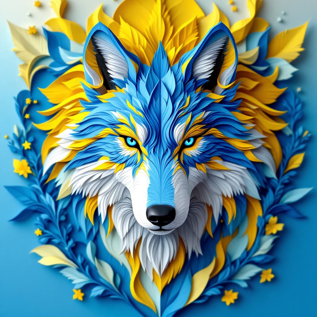 AI generated: 3D rendering, front view, beautiful Wolf, paper work for a tactile style, choose a color palette wit...