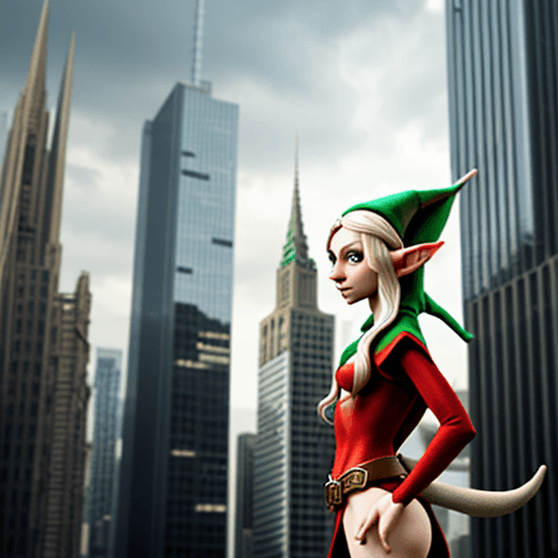 AI generated: A elf in a modern world surrounded by buildings