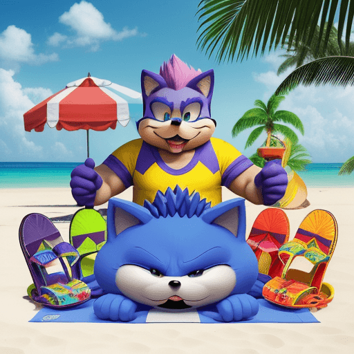 AI generated: "Big the Cat, da série 'Sonic the Hedgehog', vestindo uma camisa havaiana colorida com estampas trop...