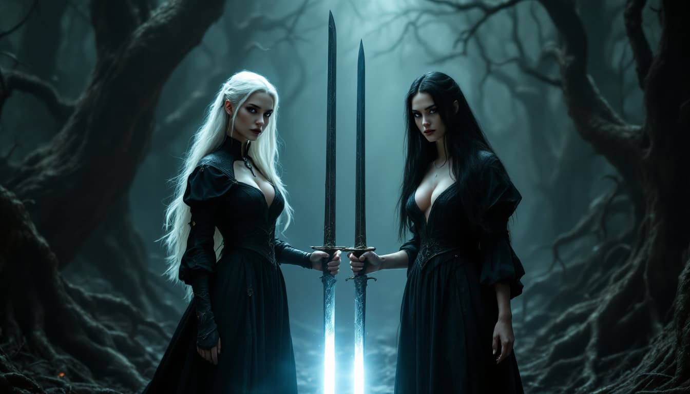 AI generated: two women in a fantasy setting, with a wide-angle camera perspective that captures the entire scene....