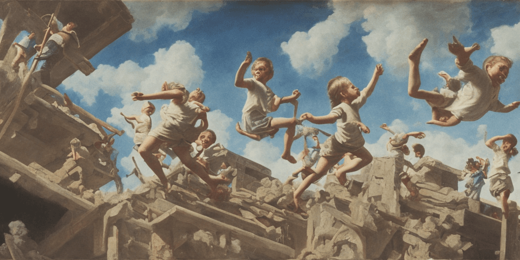 AI generated: children playing on rooftop, neo rauch, painting with incomparable reality, intricate details