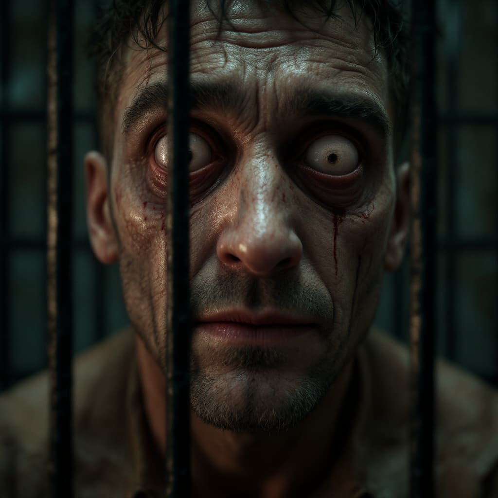 AI generated: close-up portrait of a insane man locked in a padded room.his eyes rolled up into the back of his he...