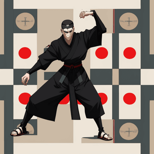 AI generated: bauhaus style pattern, big clothes, cool anime style, character, village center, medieval, ninja, ha...