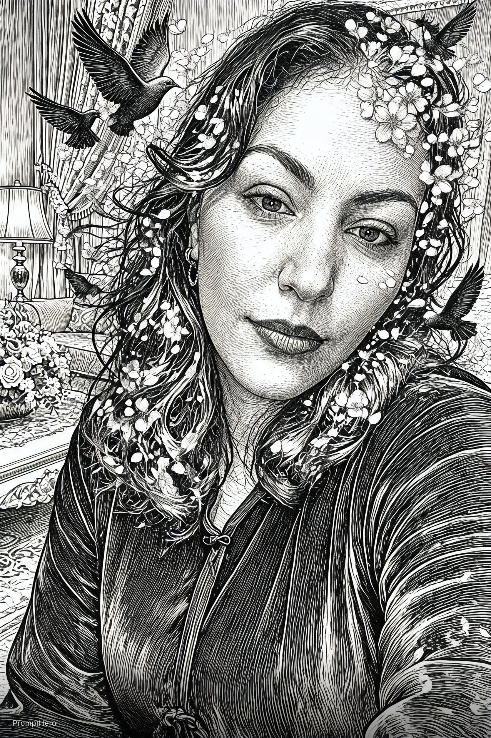 AI generated: Stunning, hyper-detailed portrait of a woman whose hair dissolves into a flurry of ink-washed birds ...