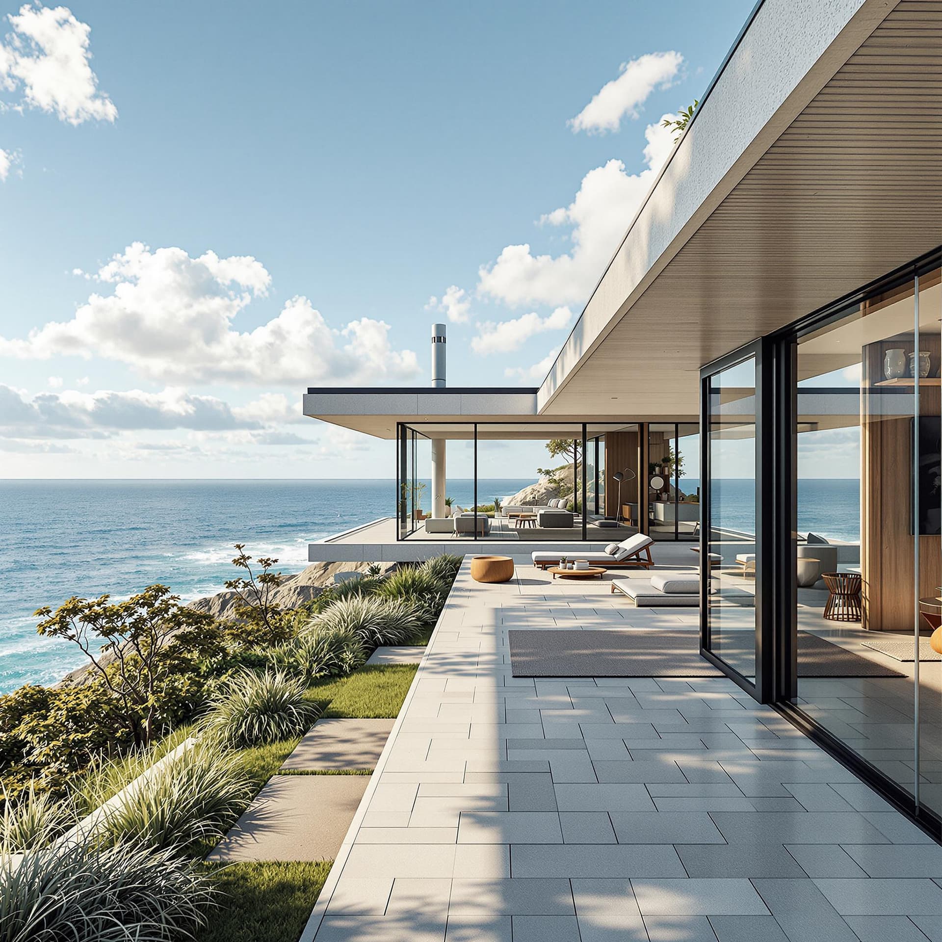 AI generated: Hyper realistic eye level exterior photo of a mid century modern style house overlooking the ocean, ...